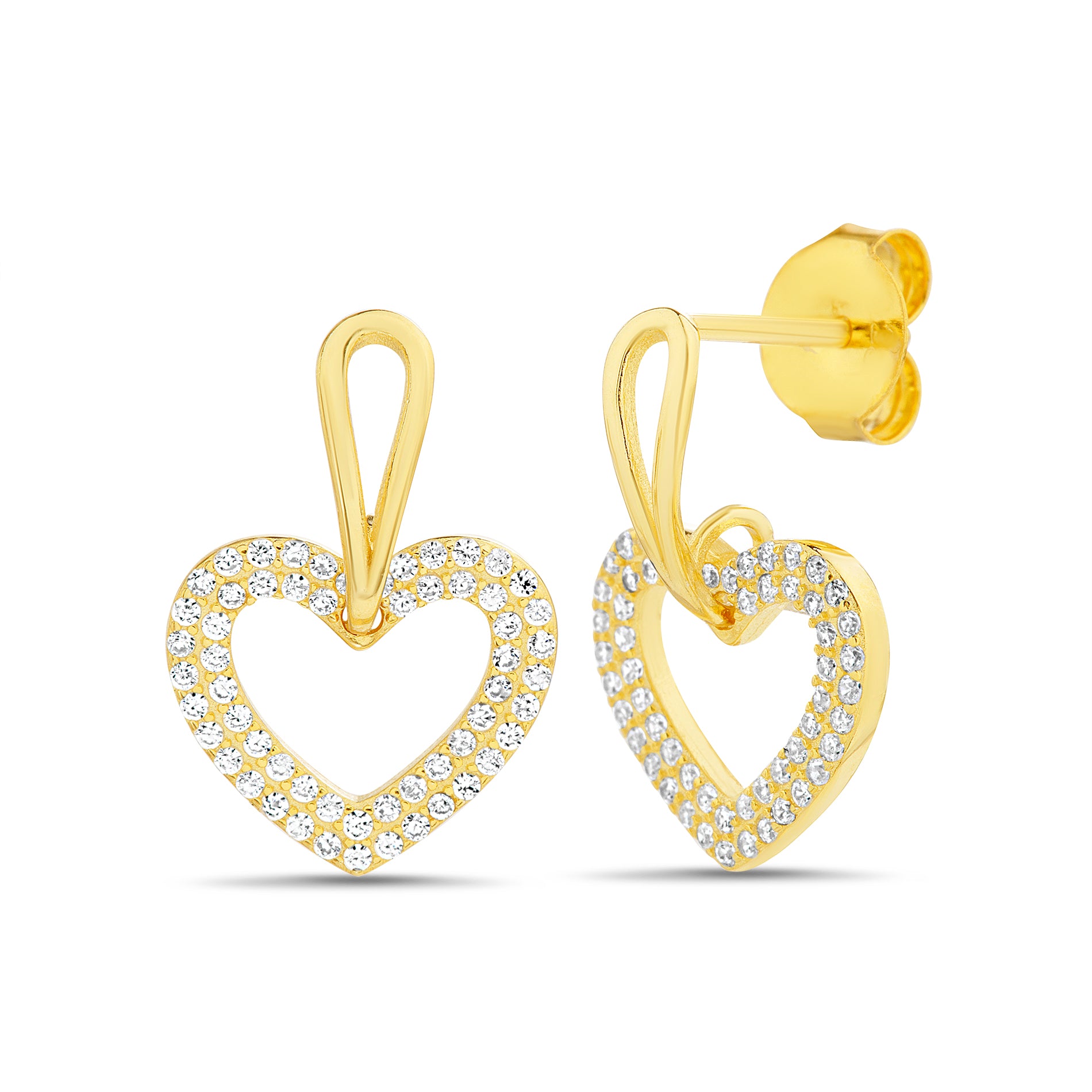 Gold CZ Heart Dangle Earrings